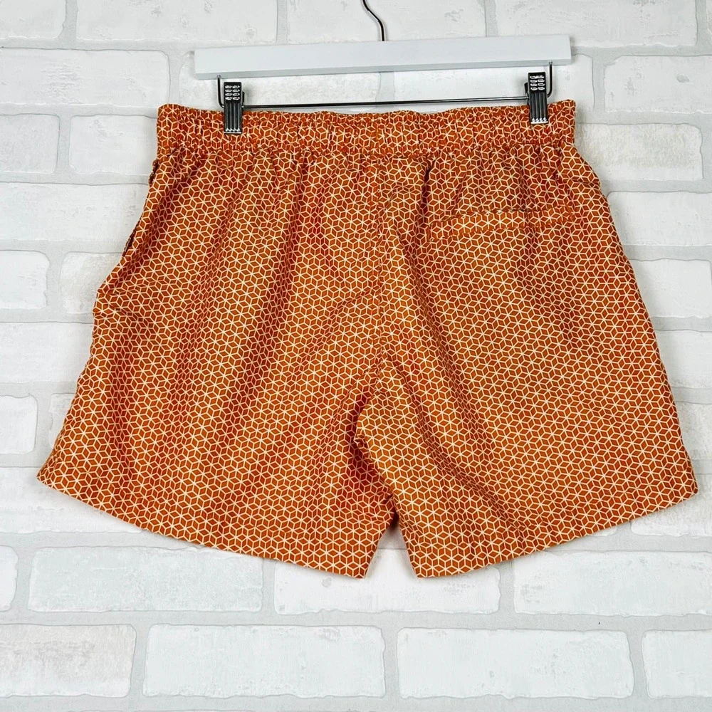 Mens Orange Geometric Honeycomb Cube Print Swim Trunks Elastic Waist Shorts M